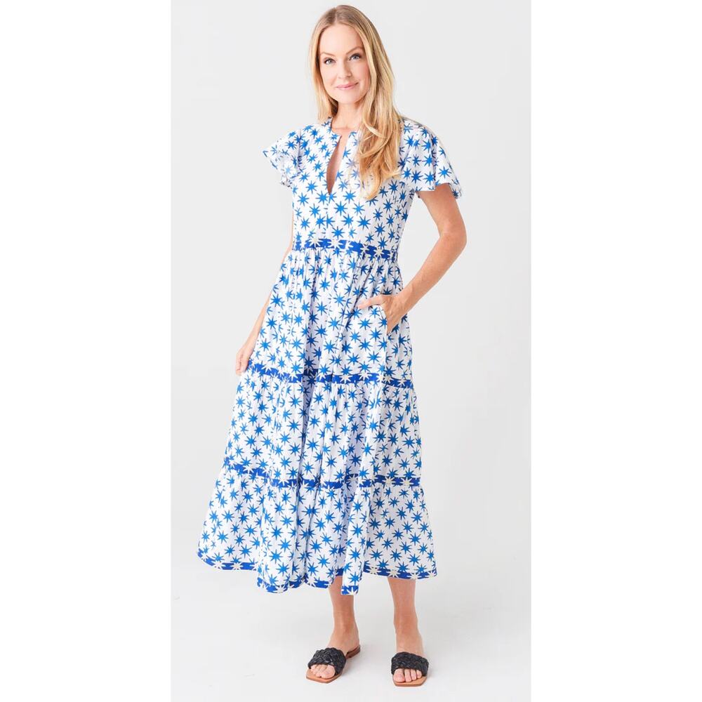 Oliphant V-Neck Flutter Sleeve Maxi Tiered Blue Star Print Dress Tuckernuck